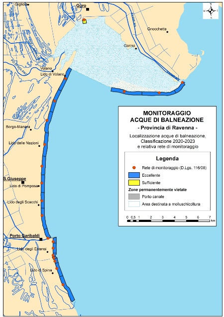 Figura 1a: Mappa della classificazione delle acque di balneazione della Provincia di Ferrara (2020-2023)