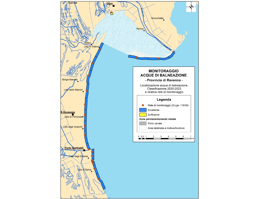 Mappa della classificazione delle acque di balneazione della Provincia di Ferrara (2020-2023)