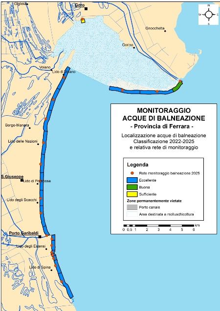 Figura 1a: Mappa della classificazione delle acque di balneazione della Provincia di Ferrara (2022-2025)