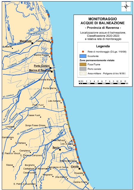 Figura 1b: Mappa della classificazione delle acque di balneazione della Provincia di Ravenna (2020-2023)