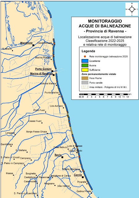 Figura 1b: Mappa della classificazione delle acque di balneazione della Provincia di Ravenna (2022-2025)