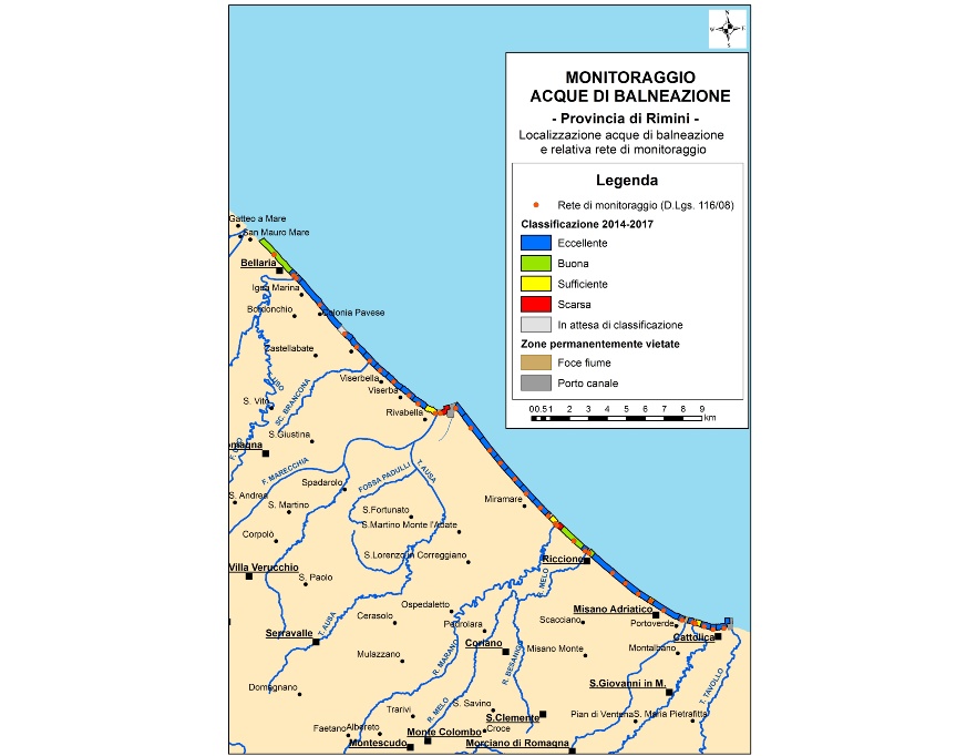 Mappa della classificazione delle acque di balneazione della Provincia di Rimini (2014-2017)