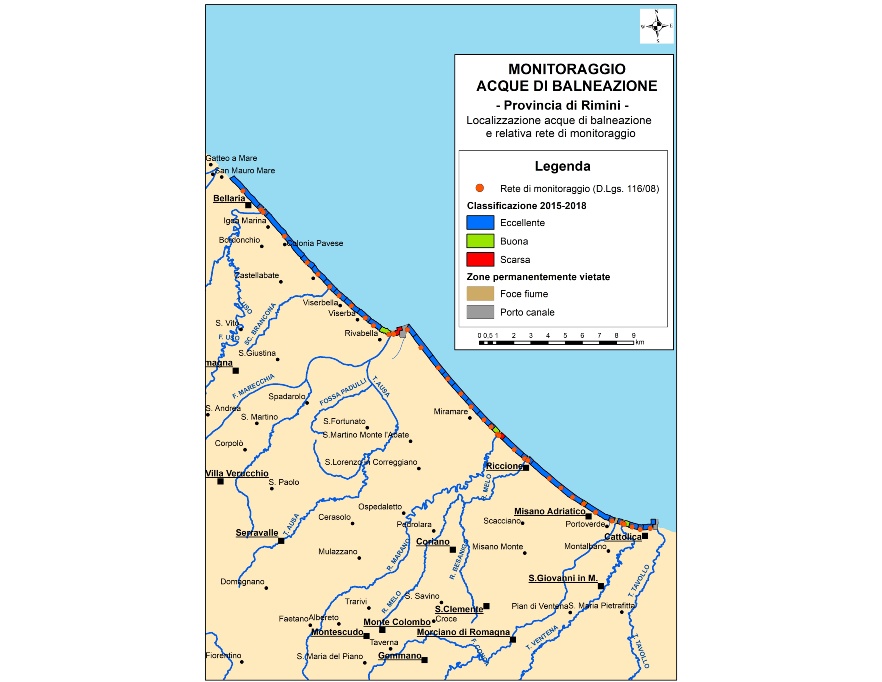Mappa della classificazione delle acque di balneazione della Provincia di Rimini (2015-2018)
