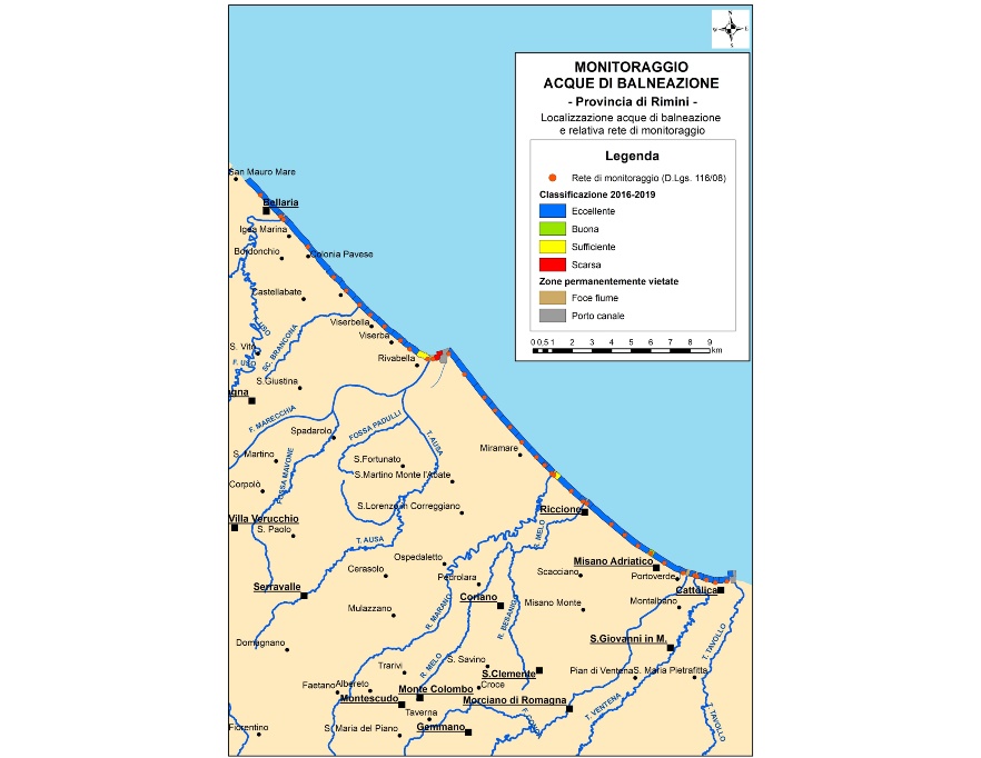 Mappa della classificazione delle acque di balneazione della Provincia di Rimini (2016-2019)