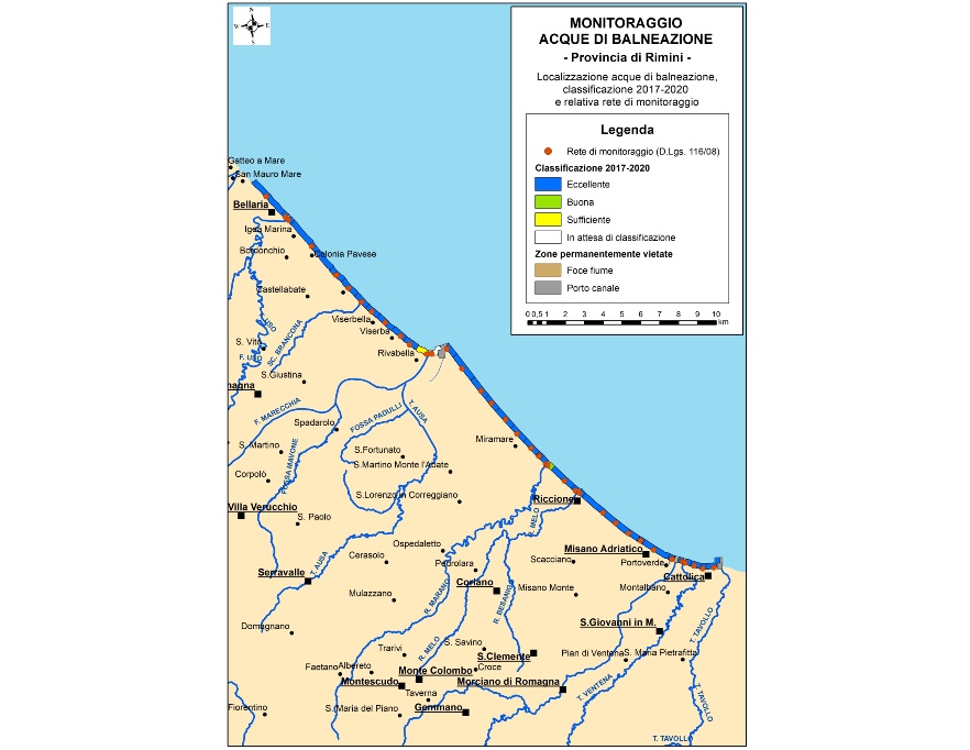 Mappa della classificazione delle acque di balneazione della Provincia di Rimini (2017-2020)