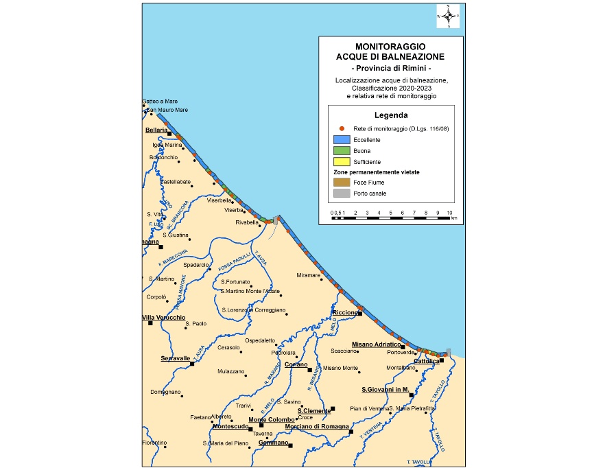 Mappa della classificazione delle acque di balneazione della Provincia di Rimini (2020-2023)