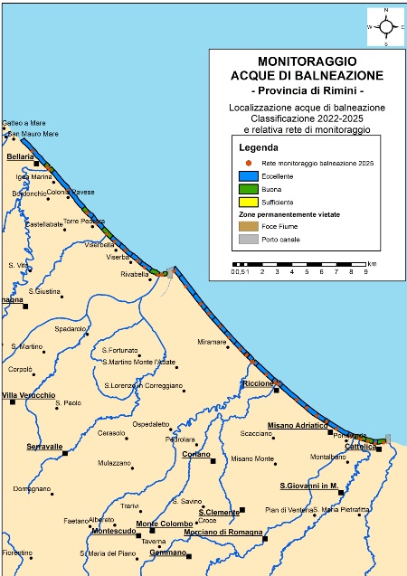 Figura 1d: Mappa della classificazione delle acque di balneazione della Provincia di Rimini (2022-2025)