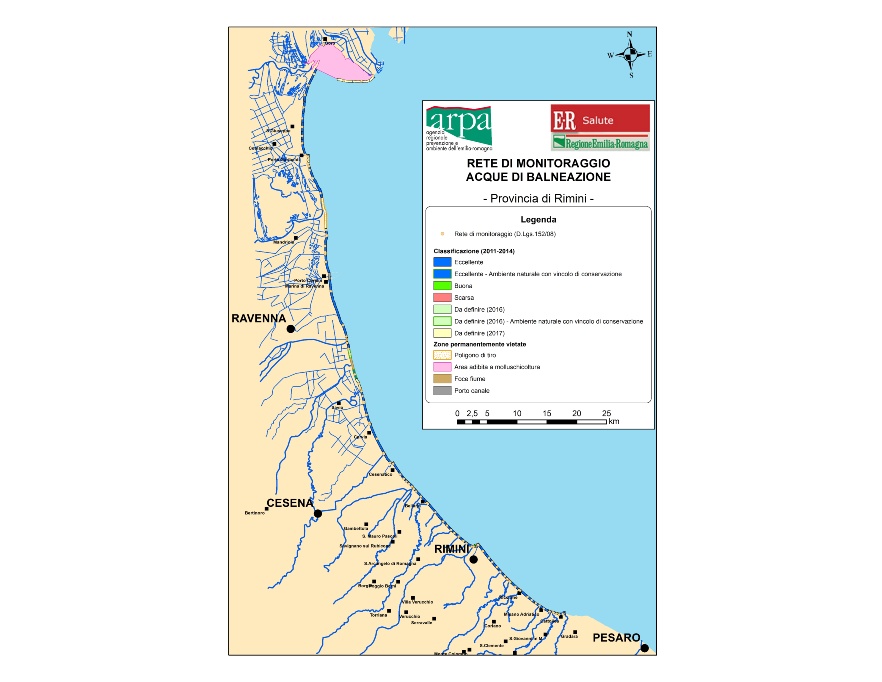 Mappa della classificazione delle acque di balneazione, tutta la costa (2011-2014)