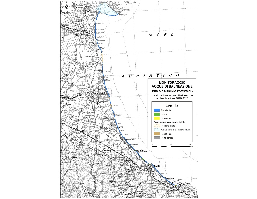 Mappa della classificazione delle acque di balneazione, tutta la costa (2020-2023)