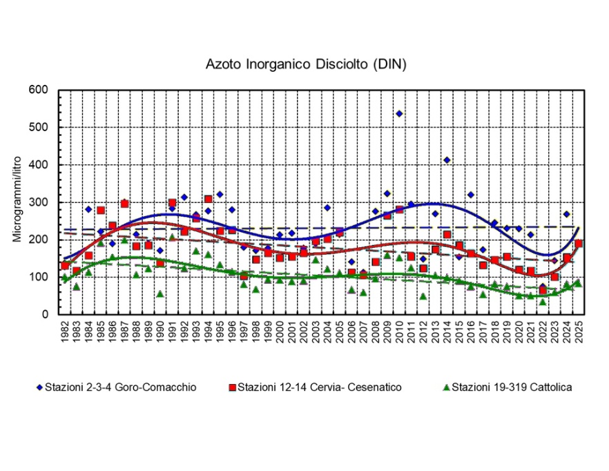Trend delle medie geometriche annuali del DIN in tre aree della costa emiliano-romagnola (1982-2025)