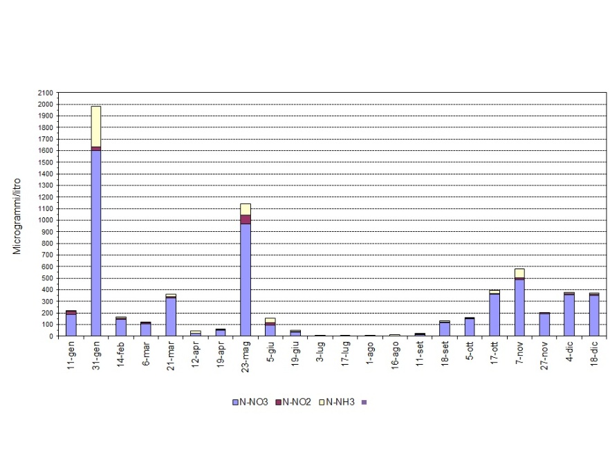 Istogrammi degli andamenti relativi a N-NO3, N-NO2, N-NH3 nella stazione di Lido di Volano (0,5 km da costa) (2023)