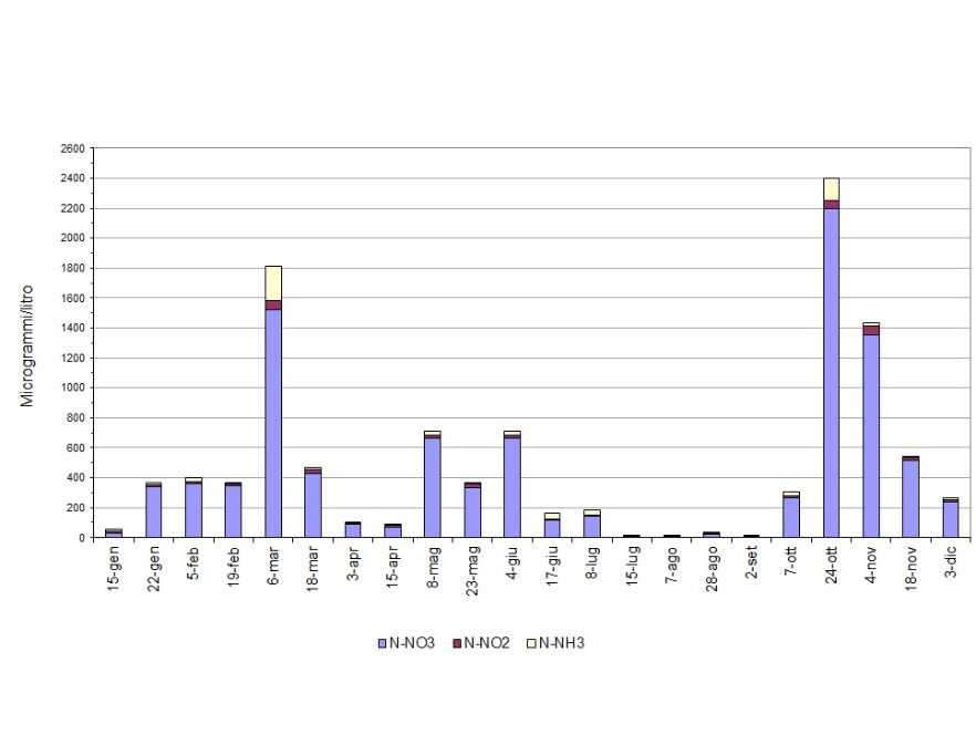 Istogrammi degli andamenti relativi a N-NO3, N-NO2, N-NH3 nella stazione di Lido di Volano (0,5 km da costa) (2024)