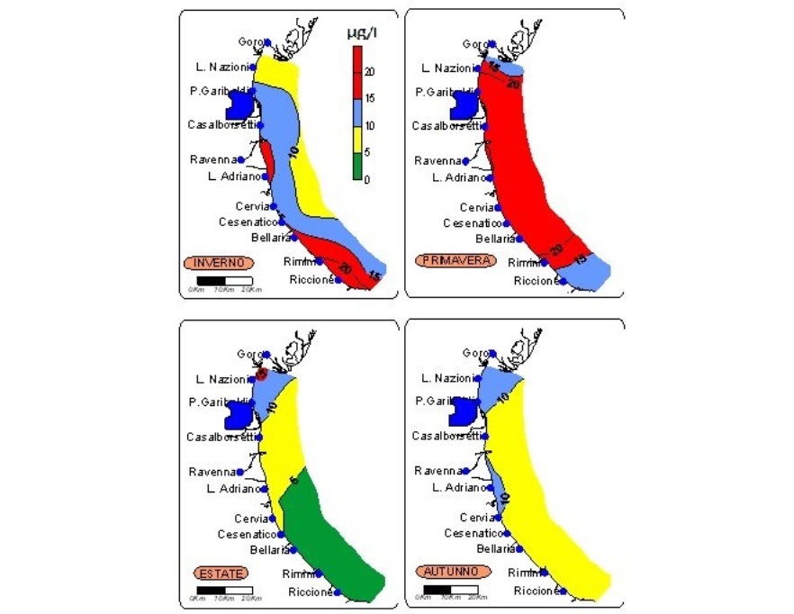 Media stagionale della concentrazione di clorofilla “a” (µg/l) da Goro a Cattolica e da costa fino a 10 km al largo (2010)