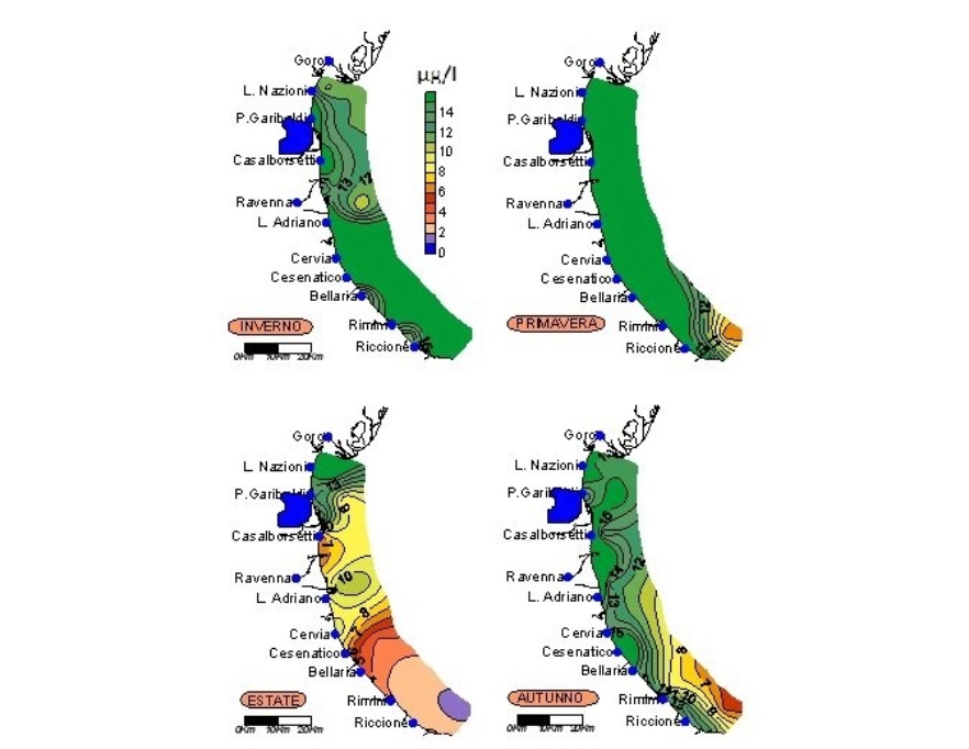 Media stagionale della concentrazione di clorofilla “a” (µg/l) da Goro a Cattolica e da costa fino a 10 km al largo (2011)