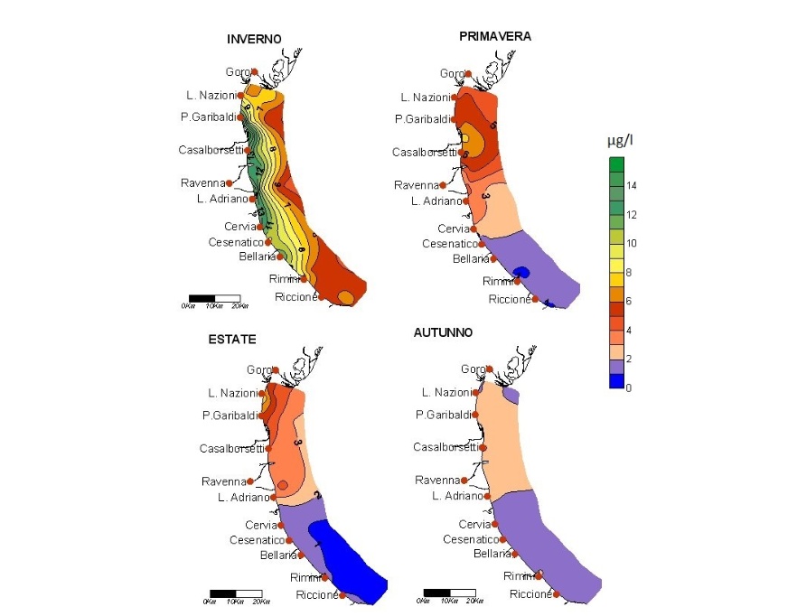 Media stagionale della concentrazione di clorofilla “a” (µg/l) da Goro a Cattolica e da costa fino a 10 km al largo (2012)