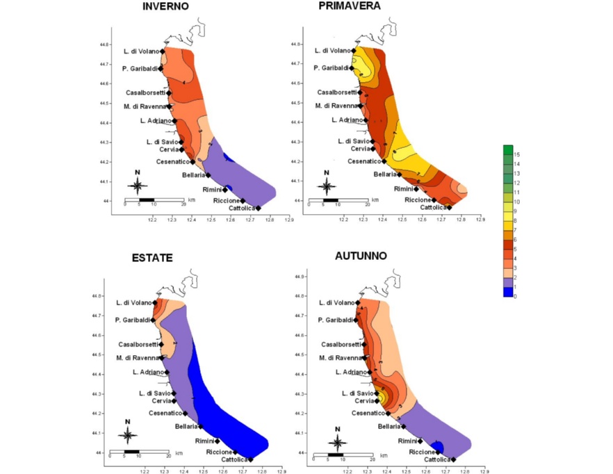 Media stagionale della concentrazione di clorofilla “a” (µg/l) da Goro a Cattolica e da costa fino a 10 km al largo (2013)