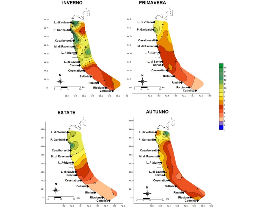 Media stagionale della concentrazione di clorofilla “a” (µg/l) da Goro a Cattolica e da costa fino a 10 km al largo (2014)