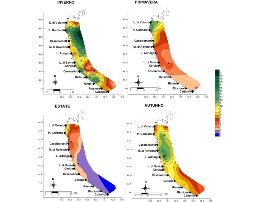 Media stagionale della concentrazione di clorofilla “a” (µg/l) da Goro a Cattolica e da costa fino a 10 km al largo (2015)