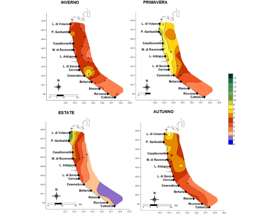 Media stagionale della concentrazione di clorofilla “a” (µg/l) da Goro a Cattolica e da costa fino a 10 km al largo (2019)