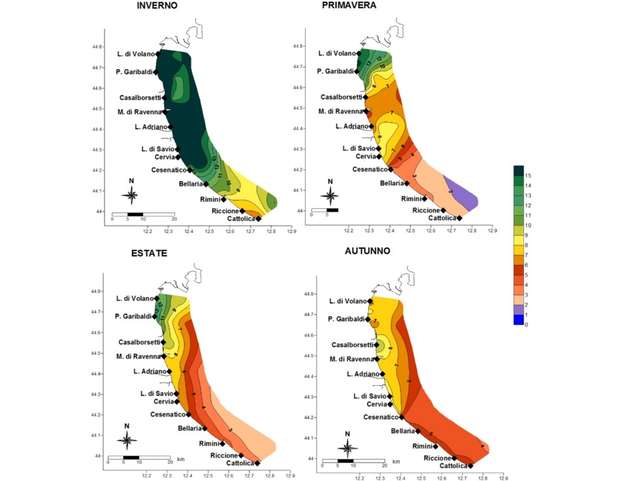 Media stagionale della concentrazione di clorofilla “a” (µg/l) da Goro a Cattolica e da costa fino a 10 km al largo (2020)