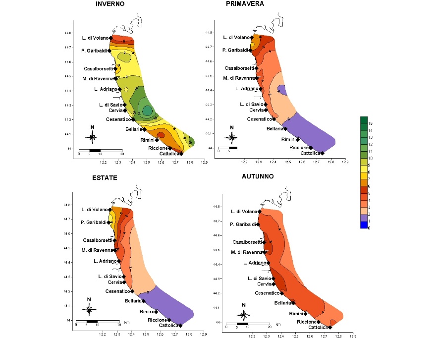 Media stagionale della concentrazione di clorofilla “a” (µg/l) da Goro a Cattolica e da costa fino a 10 km al largo (2021)