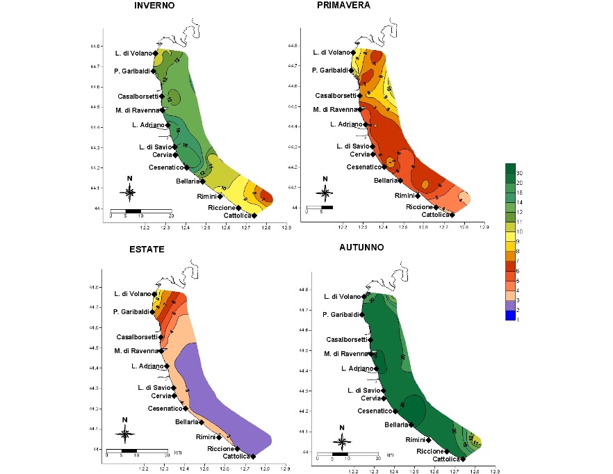Media stagionale della concentrazione di clorofilla “a” (µg/l) da Goro a Cattolica e da costa fino a 10 km al largo (2024)