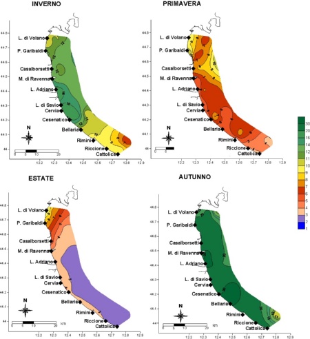 Figura 2: Media stagionale della concentrazione di clorofilla “a” (µg/l) da Goro a Cattolica e da costa fino a 10 km al largo (2024)