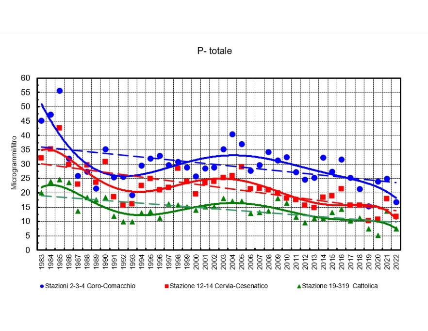 Trend della media geometrica della concentrazione annuale del fosforo totale in tre aree della costa emiliano-romagnola (1983-2022)