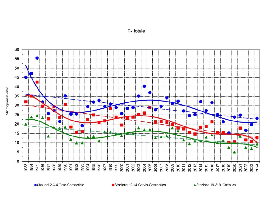 Trend della media geometrica della concentrazione annuale del fosforo totale in tre aree della costa emiliano-romagnola (1983-2024)