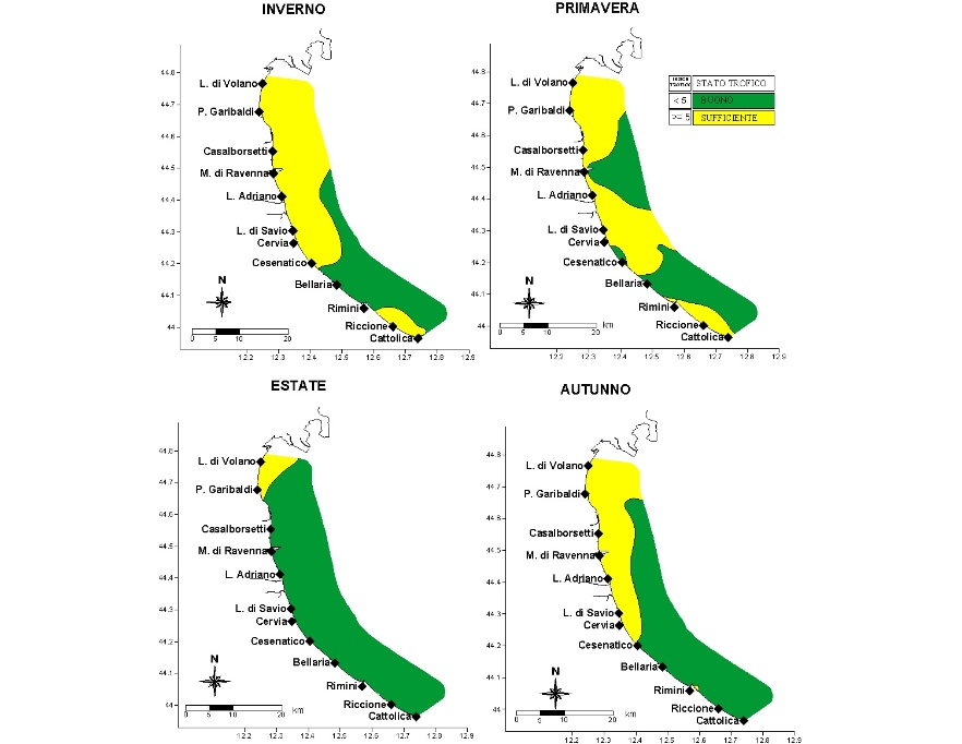 Mappe di distribuzione dell'indice trofico (TRIX) lungo la costa emiliano-romagnola, da costa fino 10 km al largo, medie stagionali (2023)