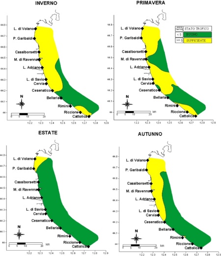 Figura 3: Mappe di distribuzione delle medie stagionali dell’indice trofico (TRIX) da costa fino a 10 km al largo (2023)