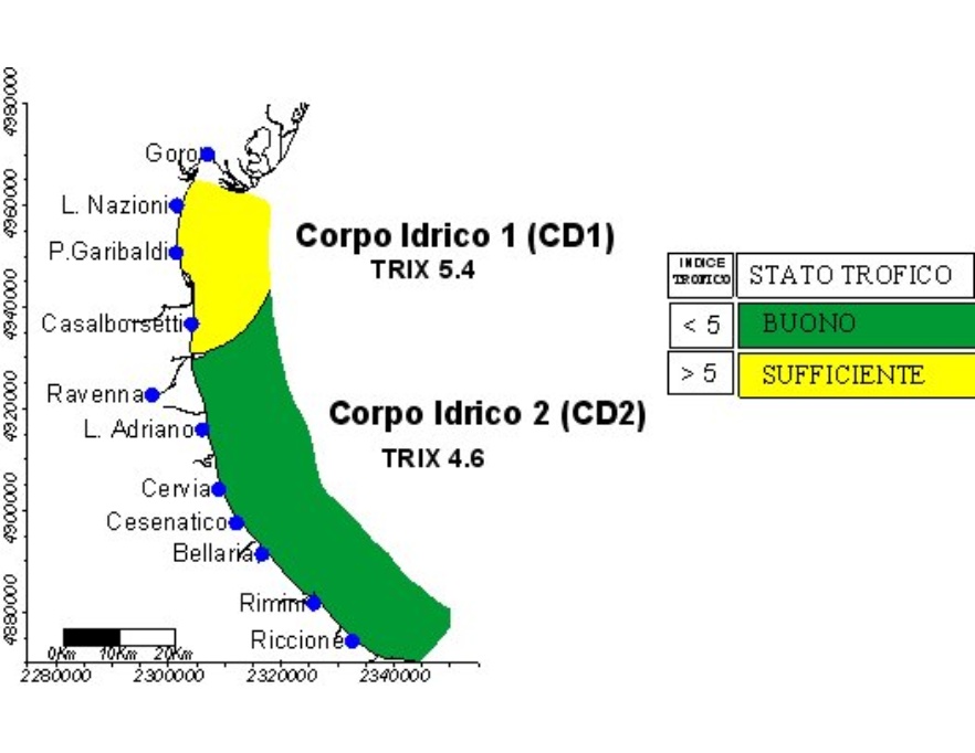 Valore medio dell'indice trofico (TRIX) per corpo idrico (CD1 e CD2) (2012)