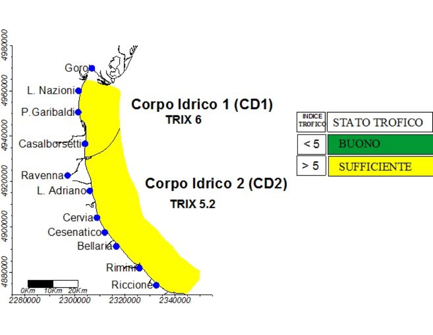 Valore medio dell'indice trofico (TRIX) per corpo idrico (CD1 e CD2) (2014)