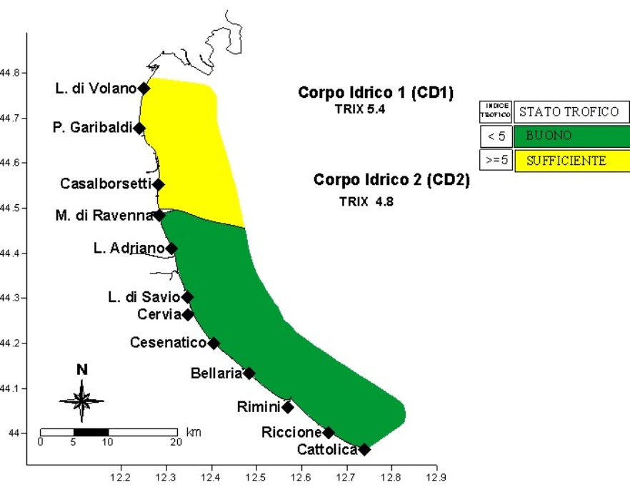 Valore medio dell'indice trofico (TRIX) per corpo idrico (CD1 e CD2) (2023)