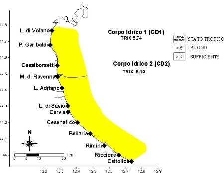 Figura 4: Valore medio dell’indice trofico (TRIX) per corpo idrico (CD1 e CD2) (2024)