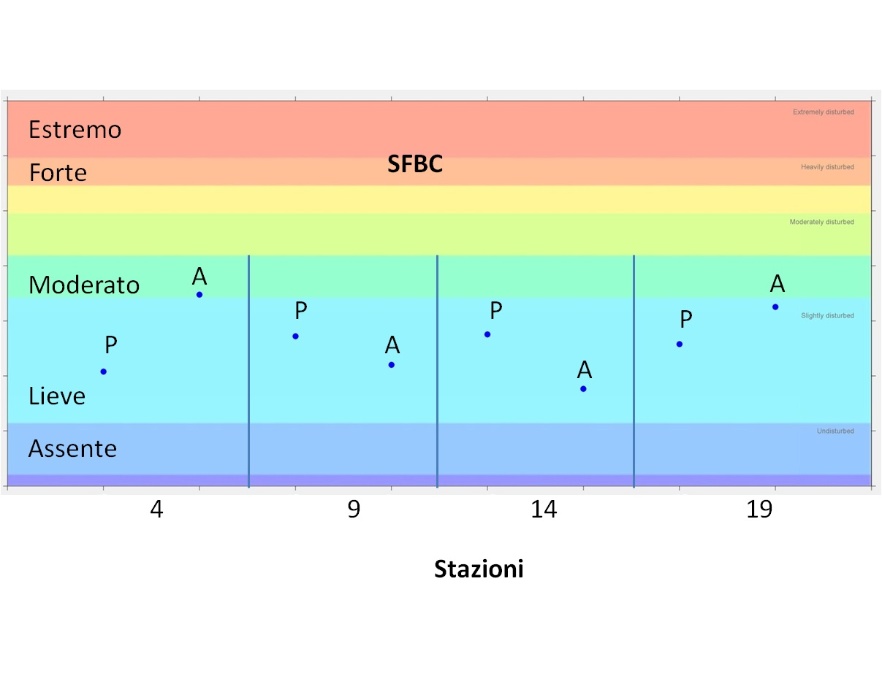 Valori stagionali dell’indice AMBI per le stazioni delle biocenosi SFBC (2014); LEGENDA: I= inverno, P= primavera, E= estate, A= autunno