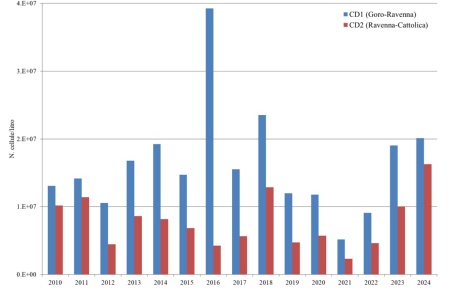 Figura 1: Medie annuali del fitoplancton totale nei corpi idrici CD1 e CD2 (2010-2024)