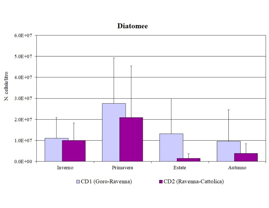 Medie stagionali delle abbondanze di Diatomee nei corpi idrici CD1 (Goro-Ravenna) e CD2 (Ravenna-Cattolica) (2023)