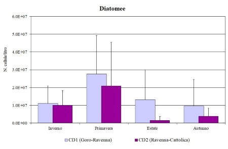 Figura 2a: Medie stagionali delle abbondanze di Diatomee nei corpi idrici CD1 (Goro-Ravenna) e CD2 (Ravenna-Cattolica) (2023)