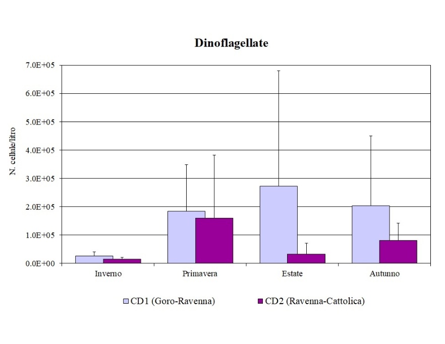 Medie stagionali delle abbondanze di Dinoflagellate nei corpi idrici CD1 (Goro-Ravenna) e CD2 (Ravenna-Cattolica) (2023)