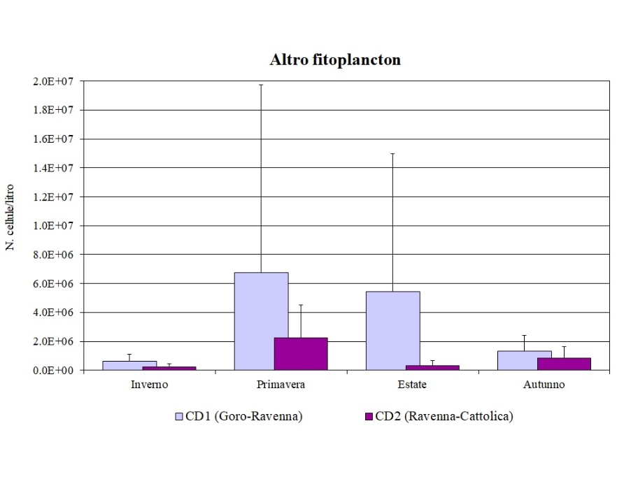 Medie stagionali delle abbondanze di Altro fitoplancton nei corpi idrici CD1 (Goro-Ravenna) e CD2 (Ravenna-Cattolica) (2023)