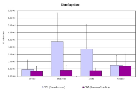 Figura 2b: Medie stagionali e deviazioni standard SD delle abbondanze di Dinoflagellate nei corpi idrici CD1 e CD2 per il 2024