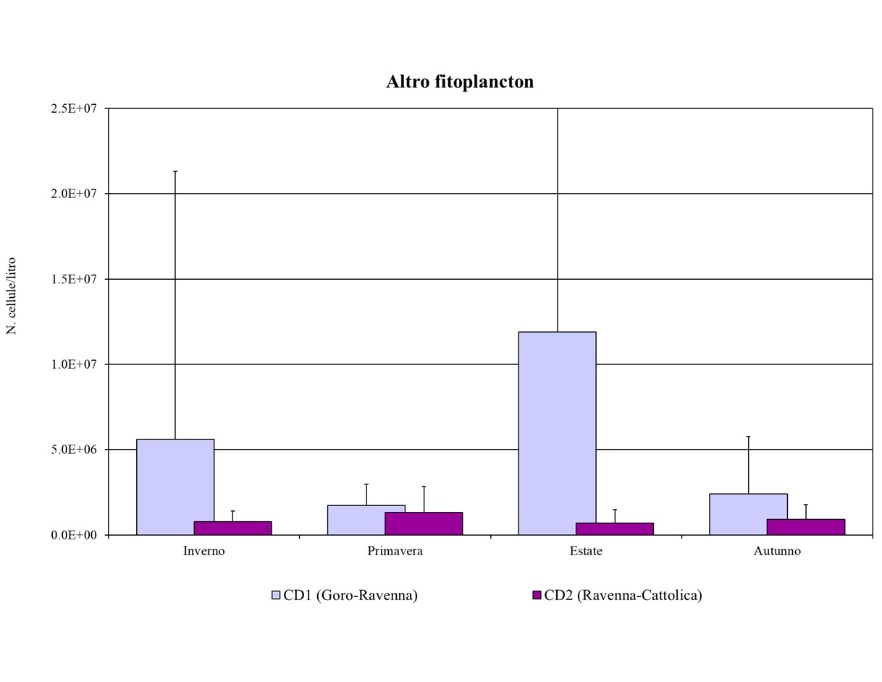 Medie stagionali delle abbondanze di Altro fitoplancton nei corpi idrici CD1 (Goro-Ravenna) e CD2 (Ravenna-Cattolica) (2024)