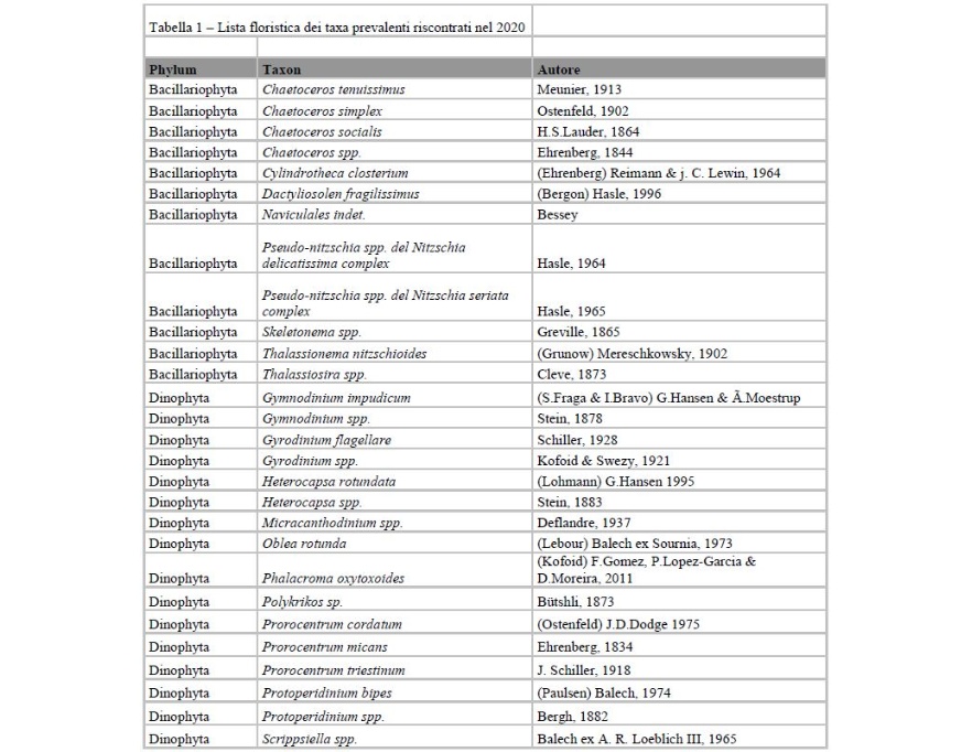 Lista floristica dei taxa prevalenti (2020)