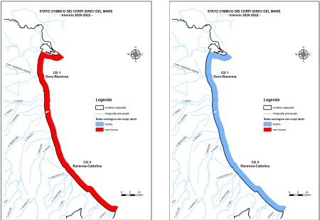 Figura 1: Stato chimico dei corpi idrici marino costieri: triennio 2020-2022. Mappa obbligatoria relativa a tutte le sostanze a sinistra; mappa supplementare che esclude il contributo delle sostanze elencate ai punti a, b e c dell’art. 78 decies a destra