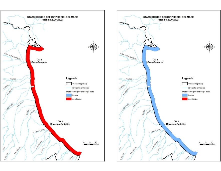 Stato chimico dei corpi idrici marino costieri: triennio 2020-2022. Mappa obbligatoria relativa a tutte le sostanze a sinistra; mappa supplementare che esclude il contributo delle sostanze elencate ai punti a, b e c dell’art. 78 decies a destra