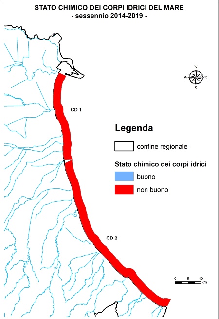 Figura 1: Mappa obbligatoria stato chimico delle acque marino costiere (sessennio 2014-2019)