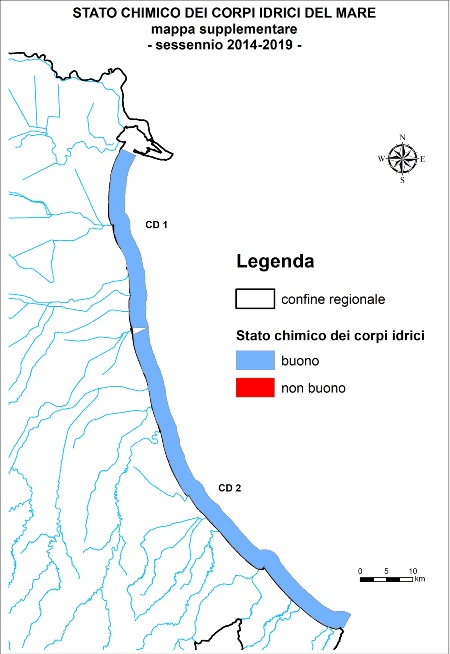 Figura 2: Mappa supplementare stato chimico dei corpi idrici marino costieri (sessennio 2014-2019) che esclude il contributo delle sostanze elencate ai punti a, b e c dell’art. 78 decies del DLgs 152/06 ss.mm.ii.