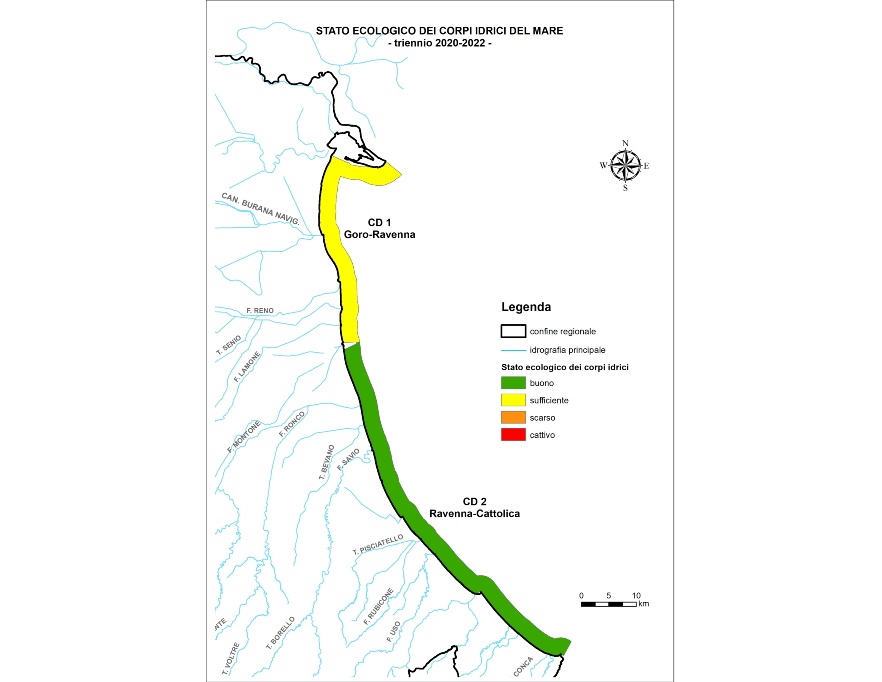 Rappresentazione territoriale dello stato ecologico delle acque marino costiere (triennio 2020-2022)