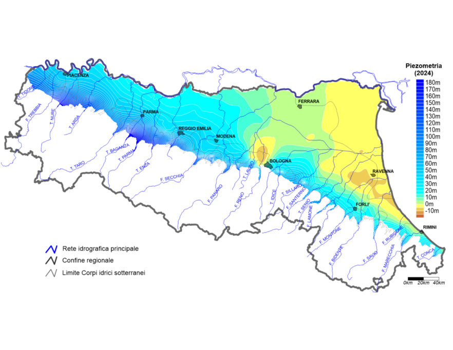 Piezometria media annua nei corpi idrici liberi e confinati inferiori (2024)